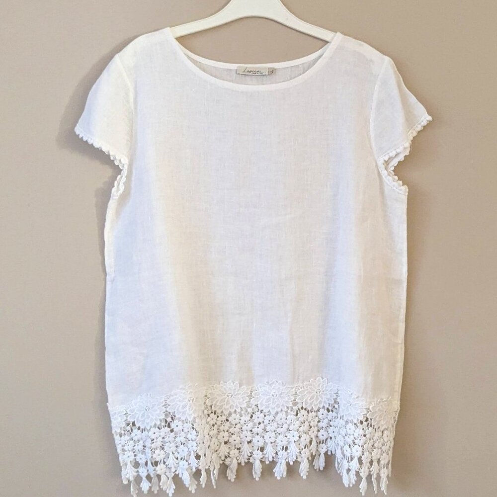 Logica Linen Crochet Lace Hemline Cotton Shirt  Top White  Size L Made in Italy
